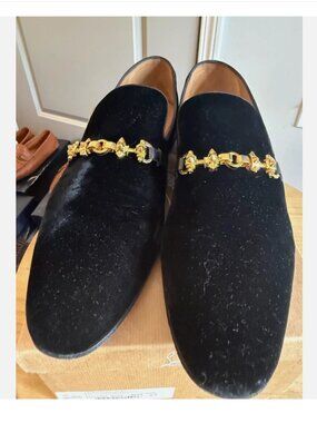 Christian Louboutin Men's Black Velvet Gold Chain Loafers Red Bottom Size 13